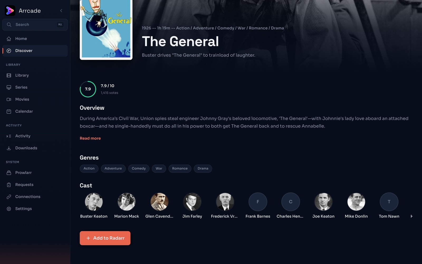 An Arrcade film detail page with a prominent Add to Radarr button beneath the cast