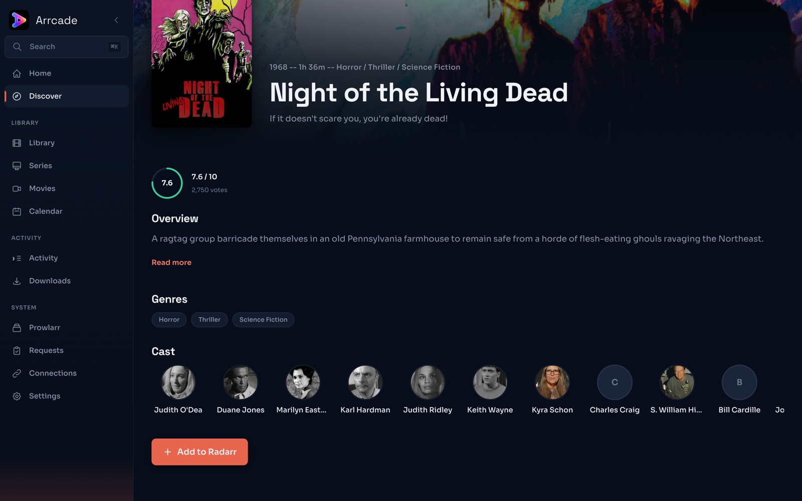 An Arrcade film detail page showing rating, synopsis, genres, full cast, and an Add to Radarr button