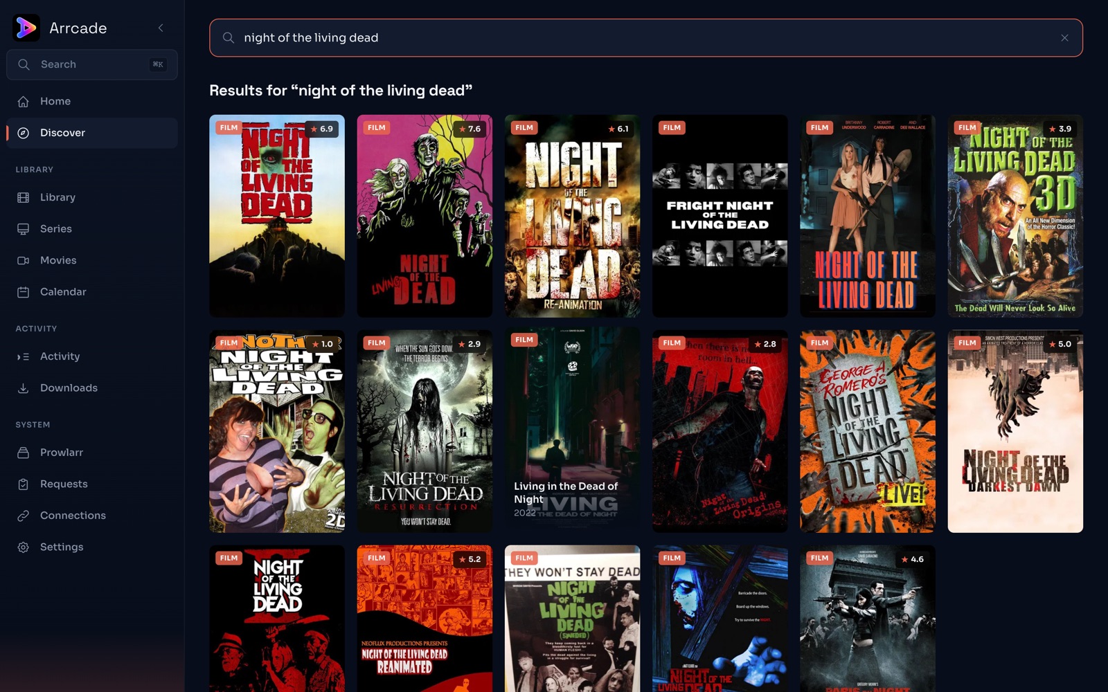 Arrcade search results showing a grid of matching films and TV series